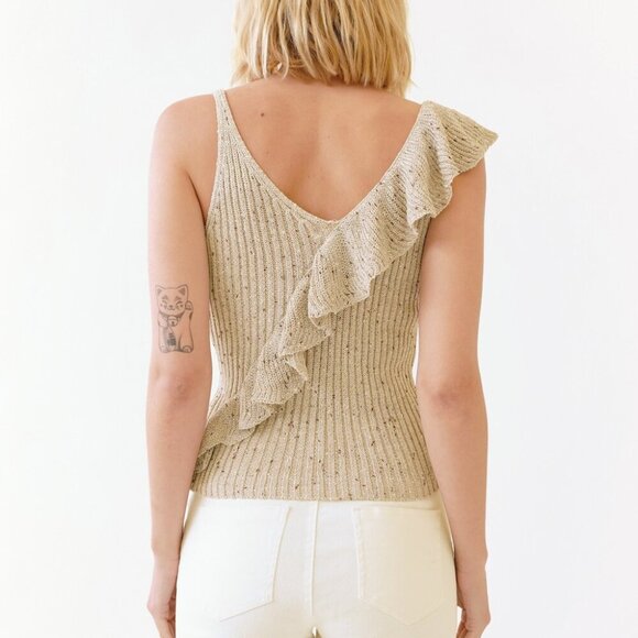 MYSTREE Beige Knit Ruffle Tank Top, Sleeveless Ribbed Sweater - Picture 3 of 10